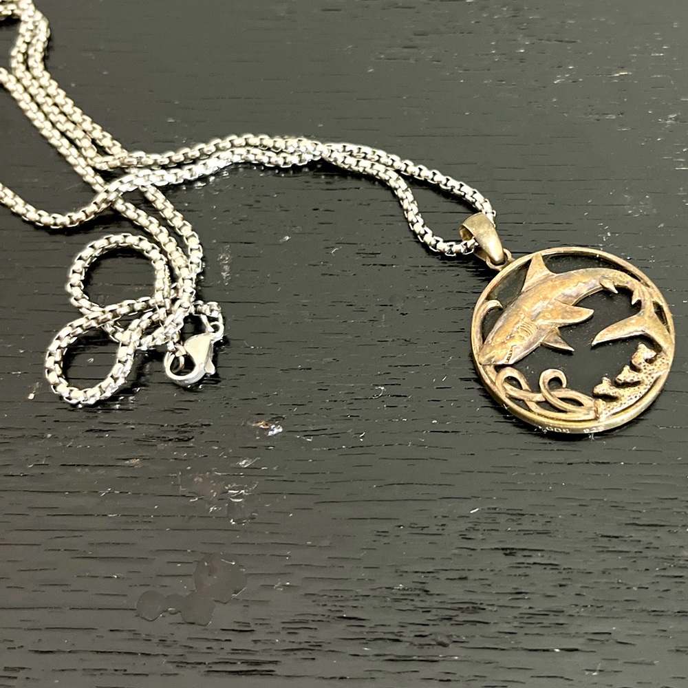 Sterling silver and obsidian shark pendant with chain MOVE OUT SALE